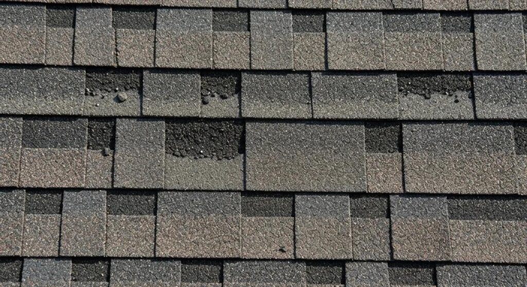 Close-up view of asphalt shingles with dents and granule loss, indicating hail damage