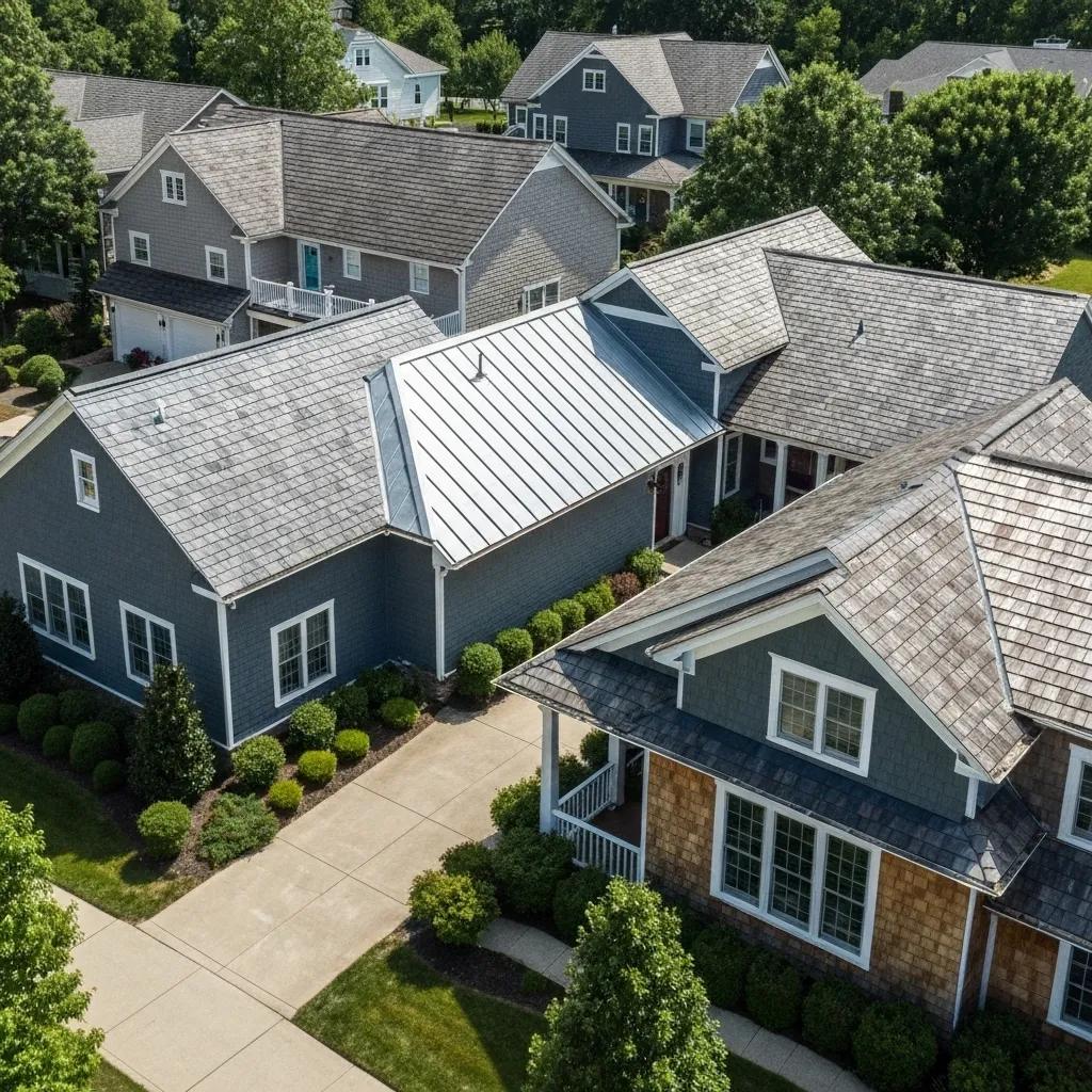 A close-up look at popular roofing materials for Maryland homes, including asphalt, metal, slate, and cedar shake