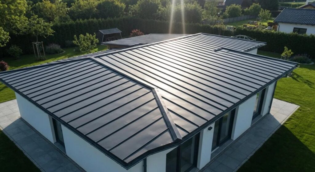 A contemporary home showcasing a newly installed metal roof, emphasizing its durability and energy-saving qualities