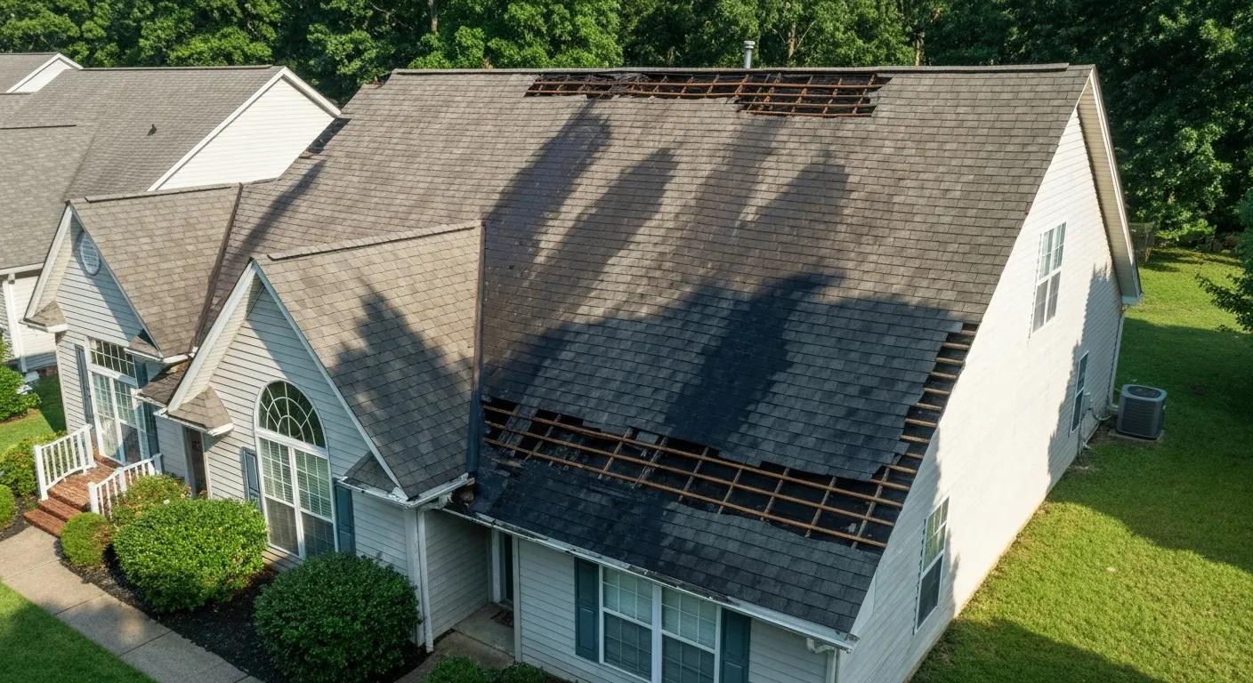 Millersville, MD home with a roof showing signs of storm damage, including missing shingles and water stains