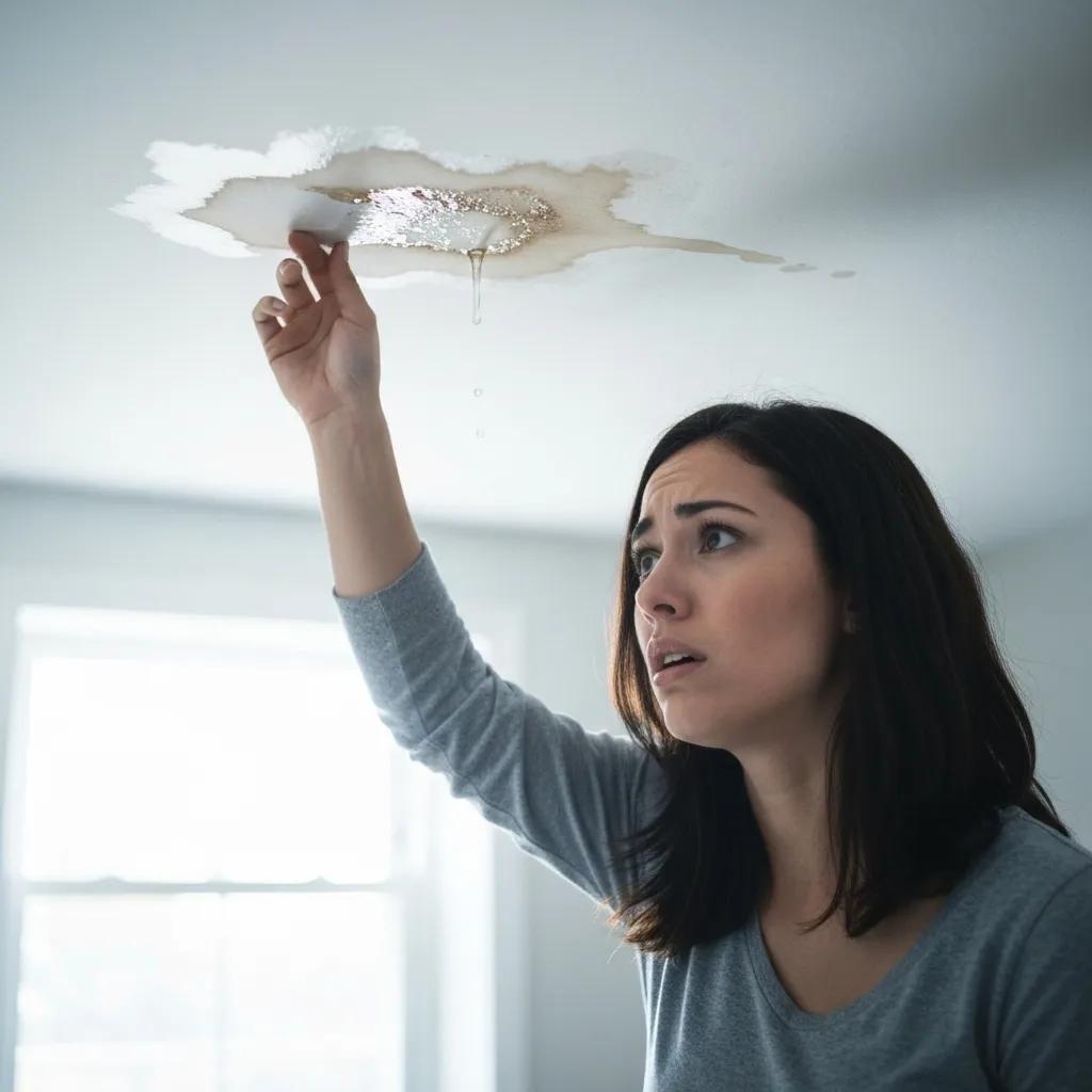 Homeowner inspecting ceiling for water damage indicating a roof leak