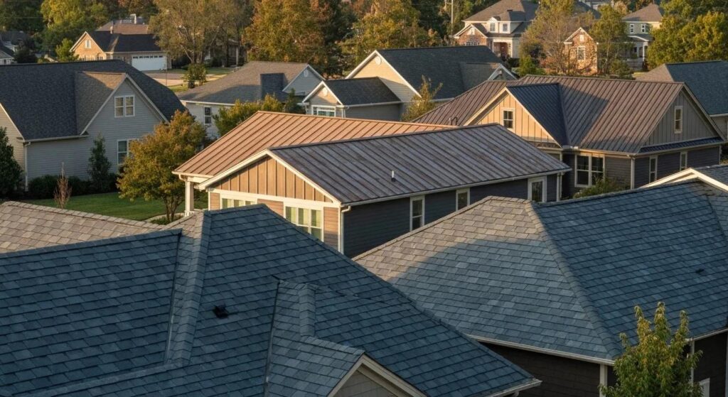 Diverse roofing materials including asphalt shingles, metal roofing, and slate tiles in a Millersville neighborhood