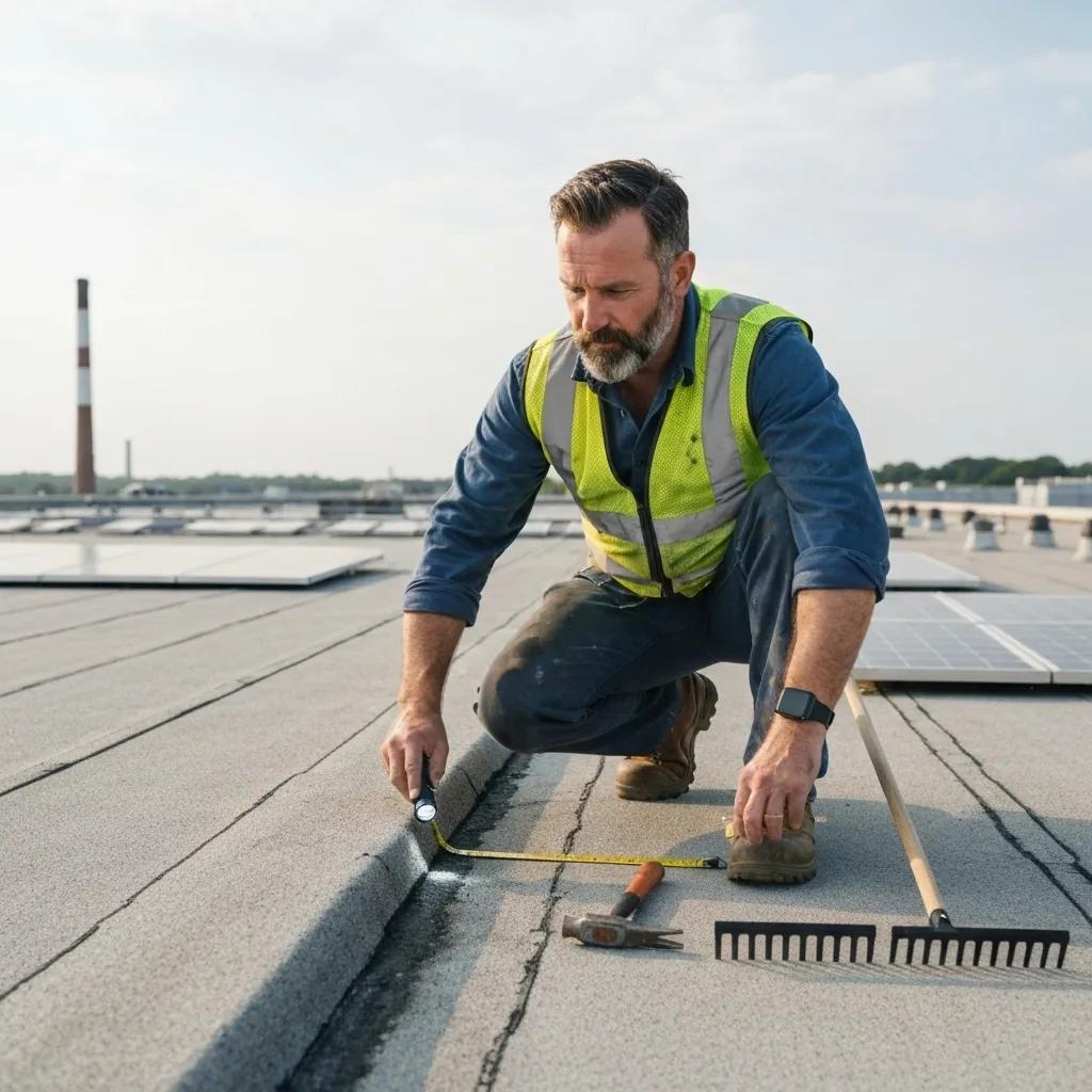 A professional inspecting a commercial roof, highlighting recommended maintenance and care procedures