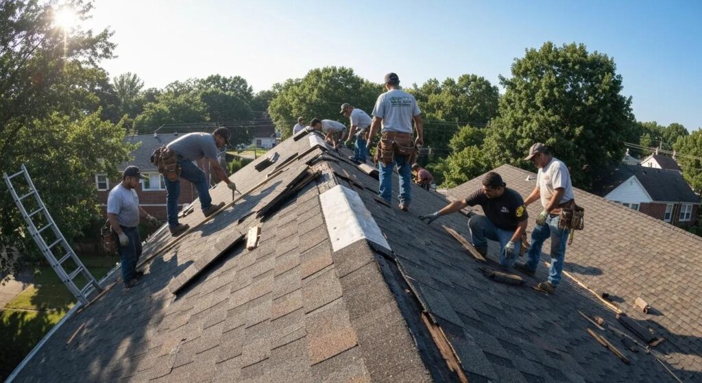 Emergency roof repair crew working on a damaged roof in Millersville MD
