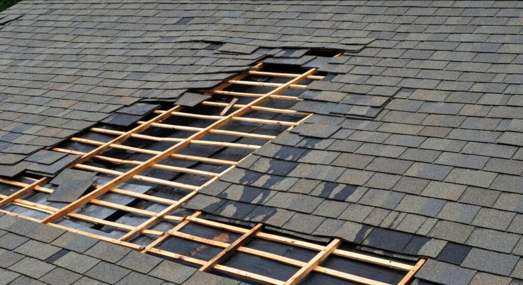 Close-up of a damaged roof showing missing shingles and water stains, representing common roof problems in Millersville MD