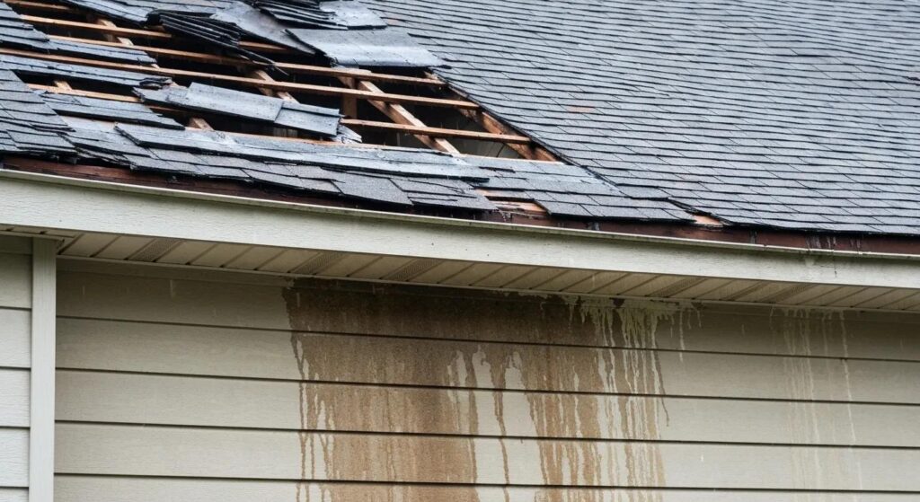 Visible signs of roof damage, such as missing shingles and water stains