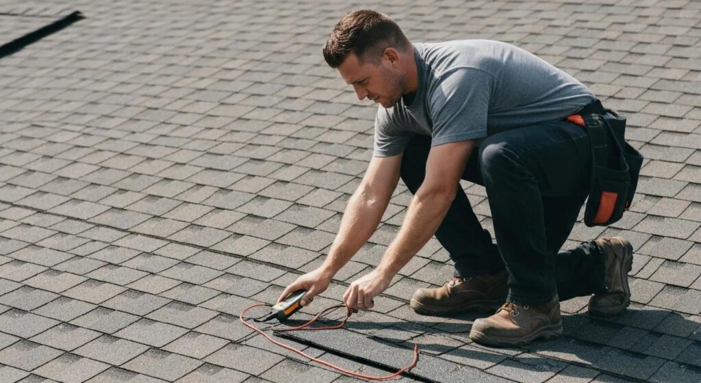 Professional roofer using a moisture meter during a roof inspection