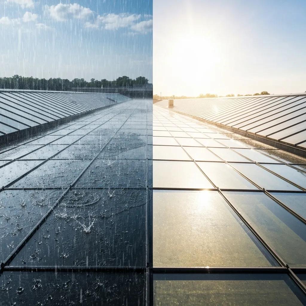 The impact of local weather conditions on commercial roof durability, showing effects of rain and sun