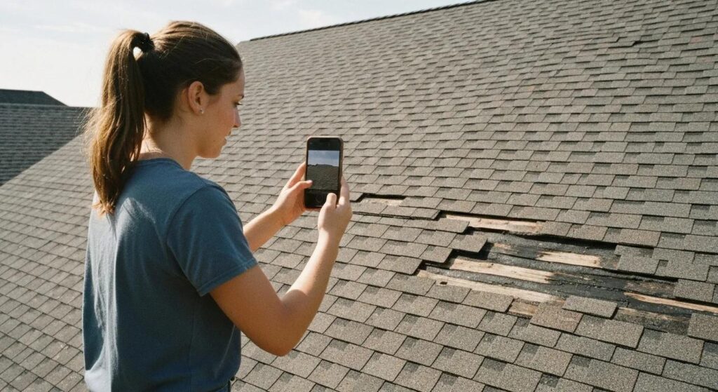 Homeowner documenting visible roof issues before an inspection