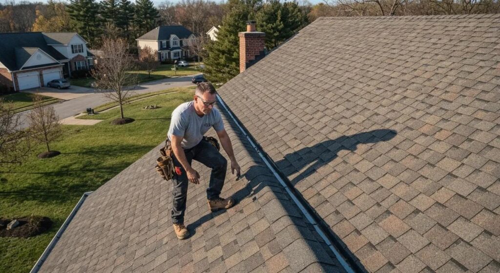 Expert roofer examining a home's roof in Millersville, Maryland