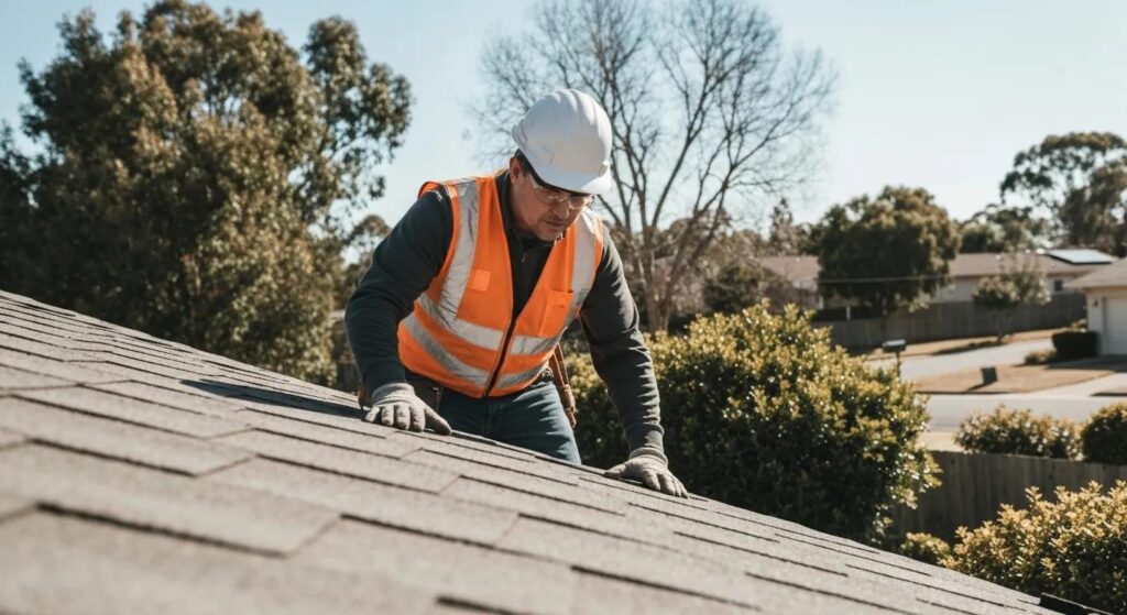 A person safely inspecting a roof, wearing protective gear