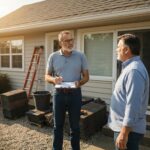 Roofing contractor explaining repair costs to homeowner, highlighting Maryland roofing consultation process.