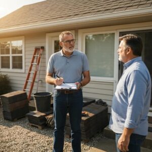 Roofing contractor explaining repair costs to homeowner, highlighting Maryland roofing consultation process.