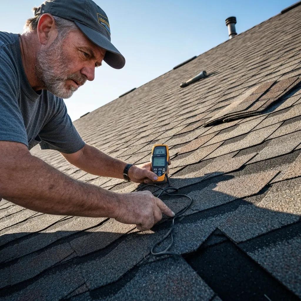 A skilled contractor meticulously inspecting a roof for damage during a repair job