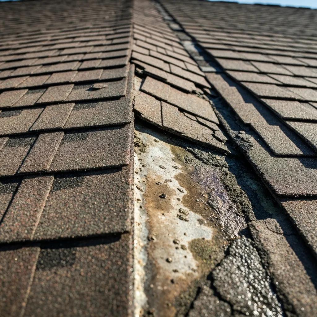 Close-up of worn shingles and damaged flashing, illustrating typical roof leak causes