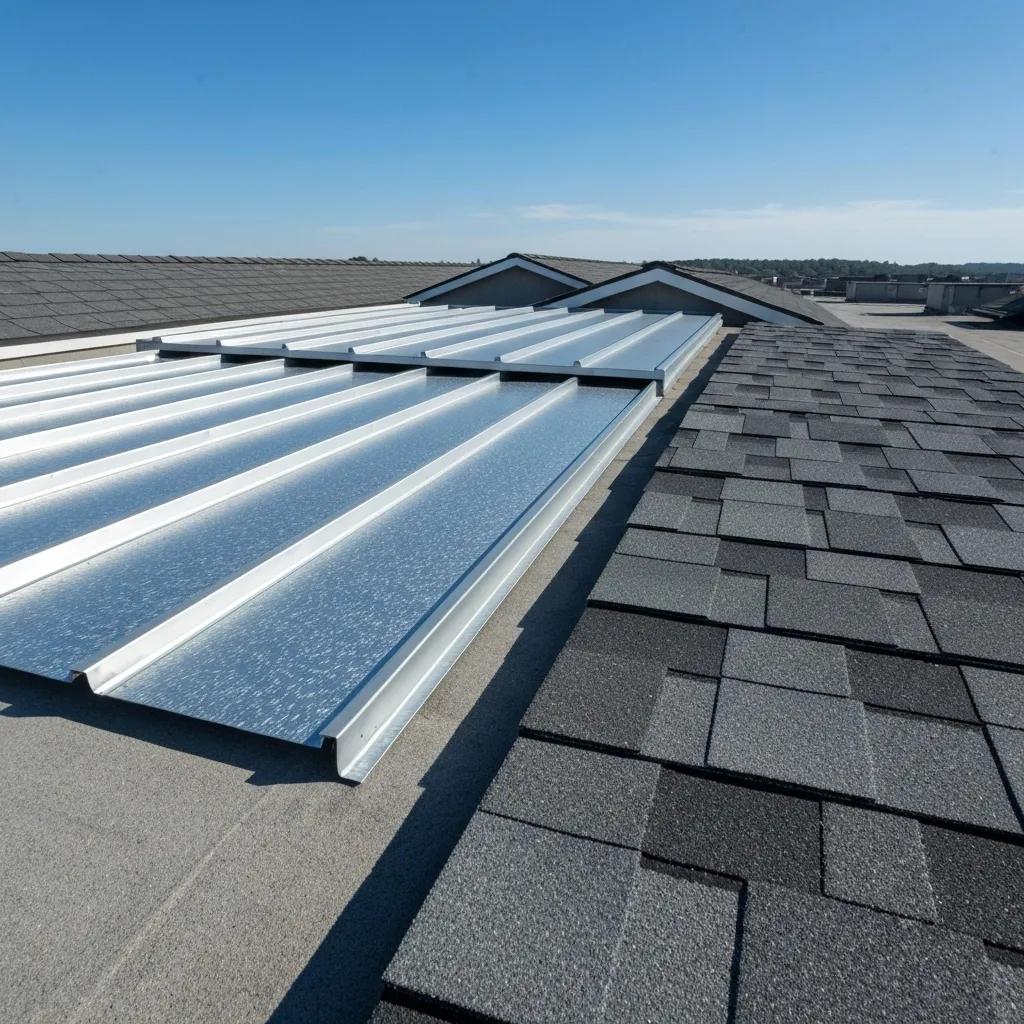 Display of storm-resistant roofing materials, including metal panels and asphalt shingles, emphasizing durability