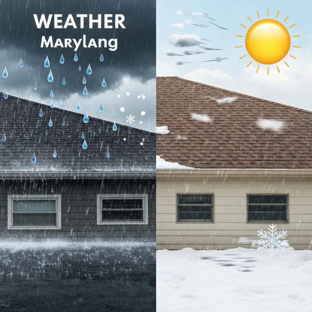An illustration depicting various weather challenges impacting roofs in Maryland, including storms and intense sun
