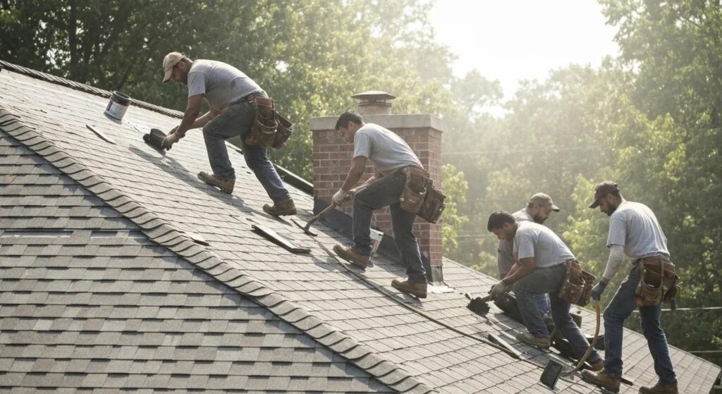 Skilled local roofers expertly working on a residential property in Millersville, MD
