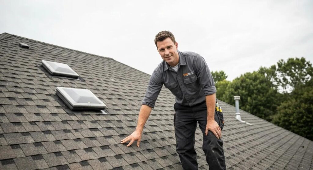Professional roof inspector examining a roof for preventative maintenance