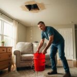 Man managing a roof leak emergency by catching water in a red bucket beneath a damaged ceiling, with visible water dripping from the roof.