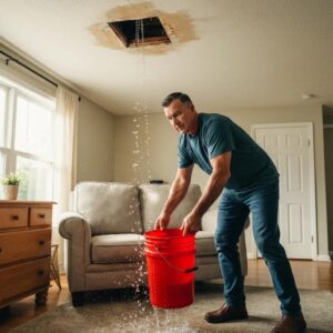 Man managing a roof leak emergency by catching water in a red bucket beneath a damaged ceiling, with visible water dripping from the roof.