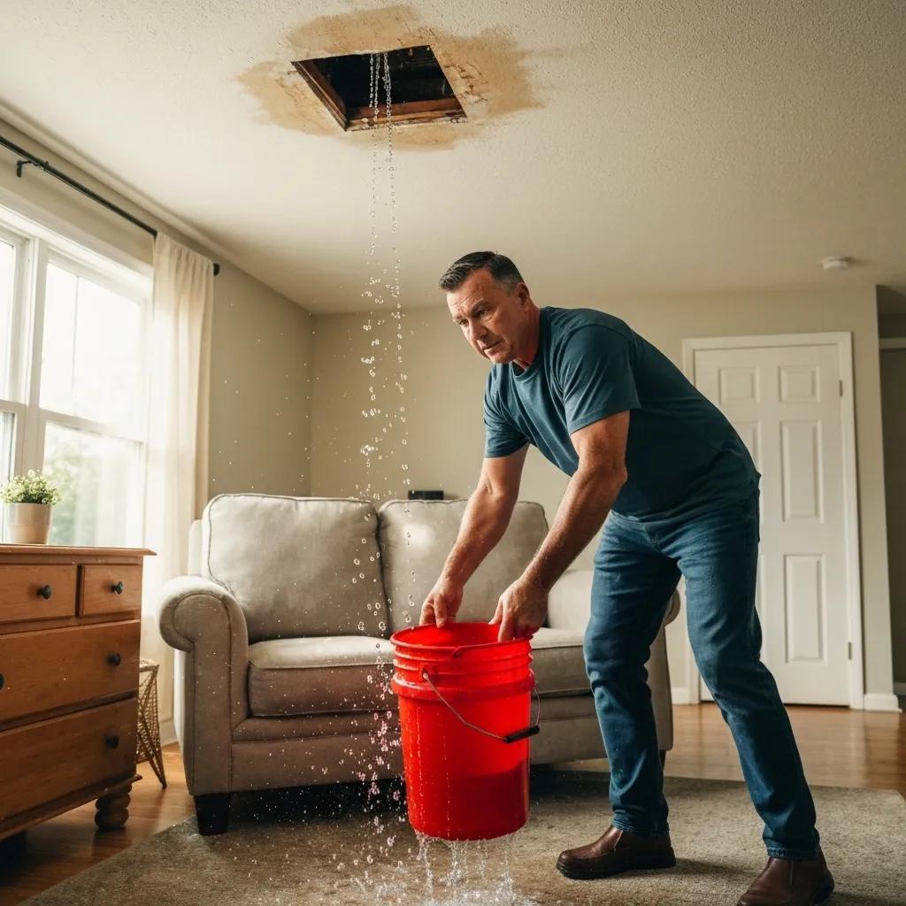 Homeowner managing a roof emergency by moving furniture and containing water damage