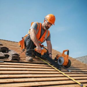 Professional roofer inspecting a damaged residential roof, highlighting emergency repair services