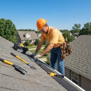 Professional roofer inspecting a residential roof in Millersville MD, highlighting roof repair services