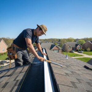 Expert roofer examining a home's roof in Millersville, MD, emphasizing the importance of regular roof upkeep