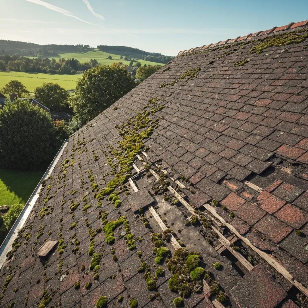 Residential roof with visible signs of damage including missing shingles and moss growth