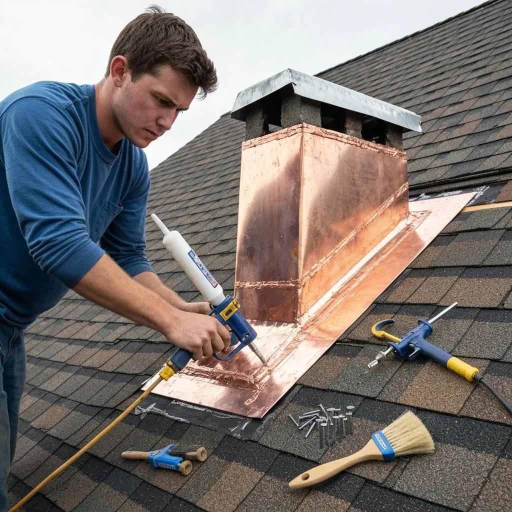 Roofer repairing flashing around a chimney, emphasizing the importance of flashing repair for roof longevity