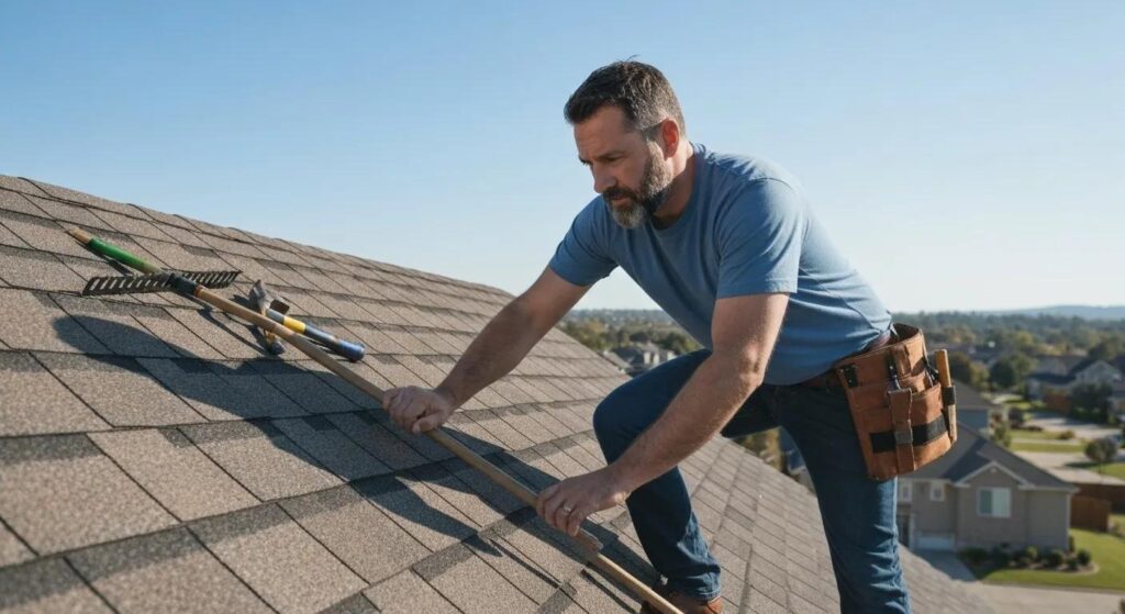 Homeowner actively engaged in routine roof maintenance to prevent future emergencies