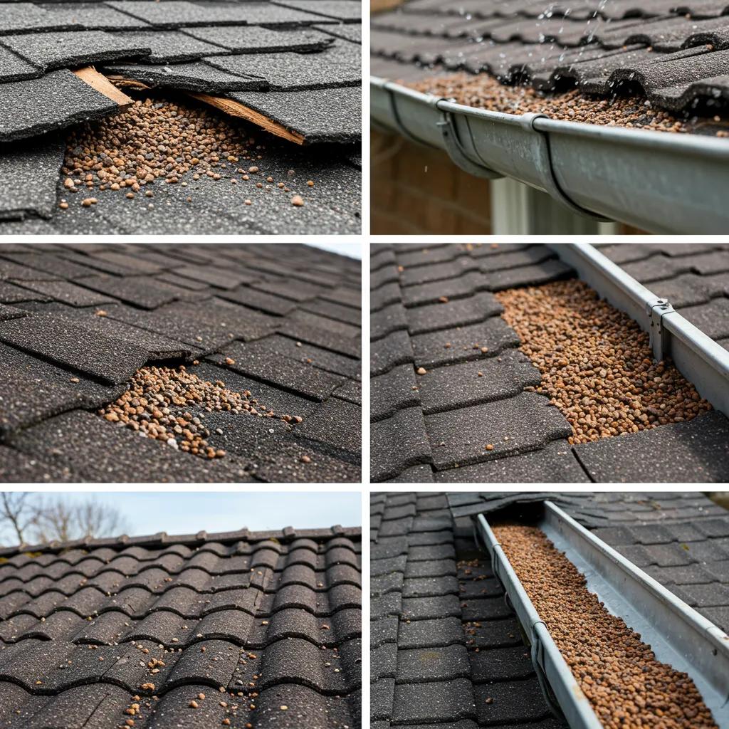 Close-up of common roof damage signs including missing shingles and water stains