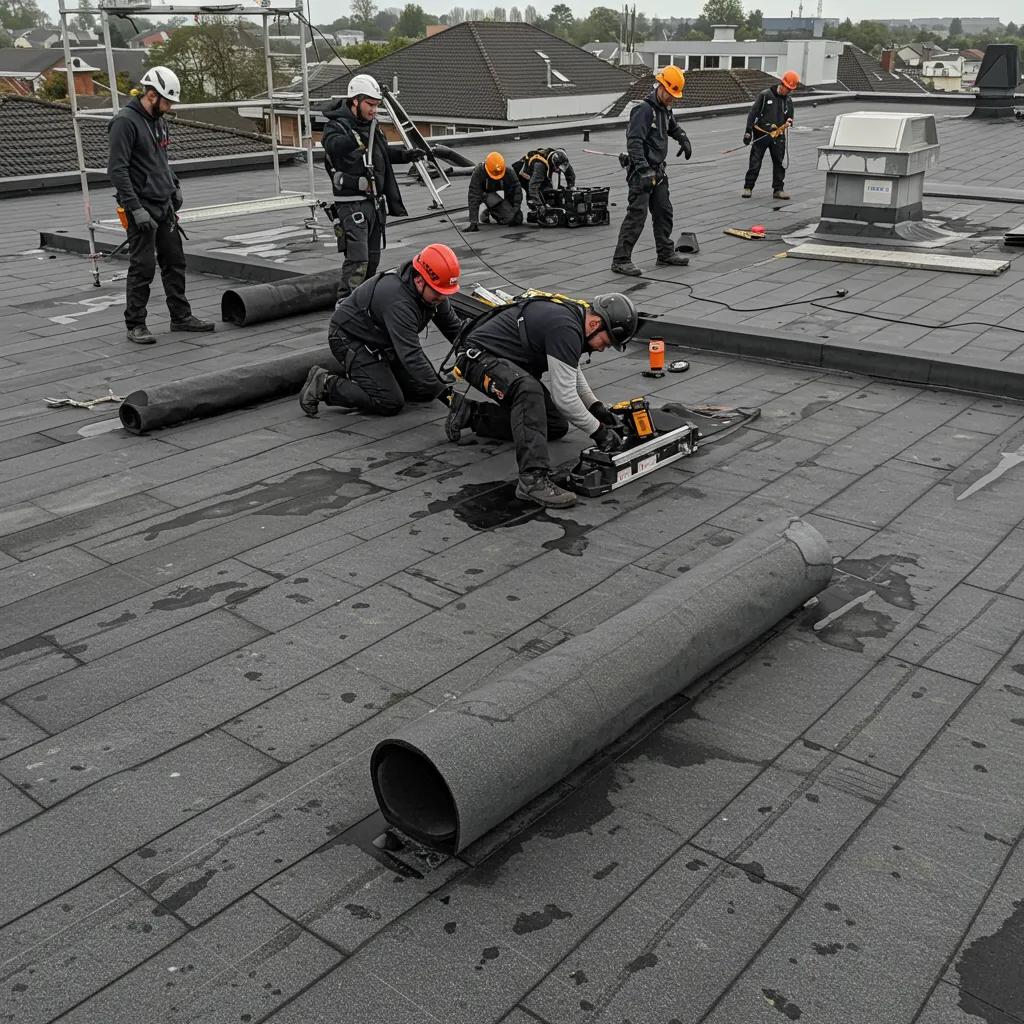 Commercial roofing team using specialized tools for urgent repairs