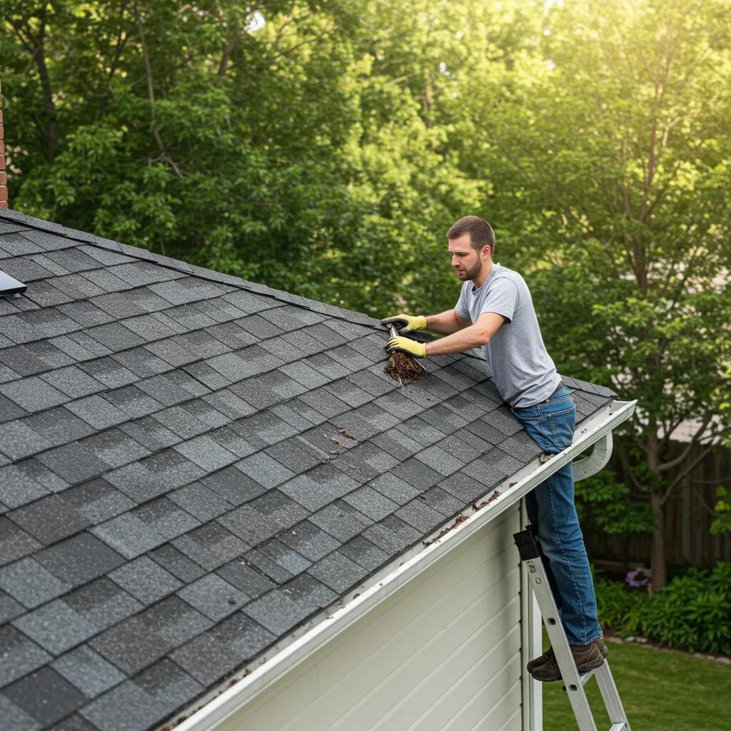 Homeowner performing routine roof maintenance on a residential property