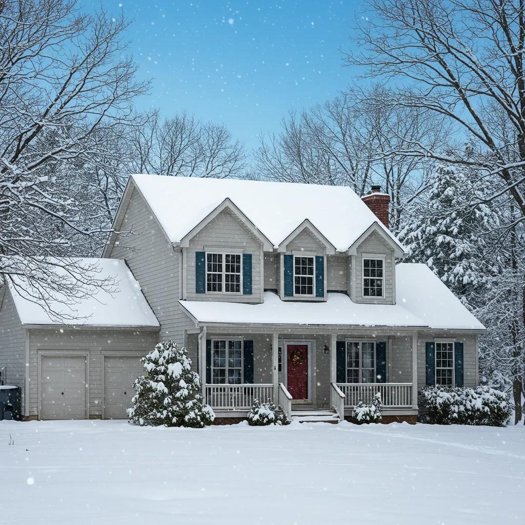 Maryland home with snow-covered roof highlighting winter roof care
