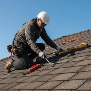 Experienced roofer meticulously inspecting a residential roof for urgent repair needs