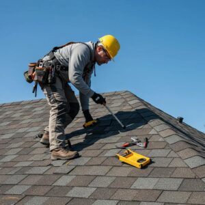 Professional roofing contractor inspecting a residential roof for emergency repairs