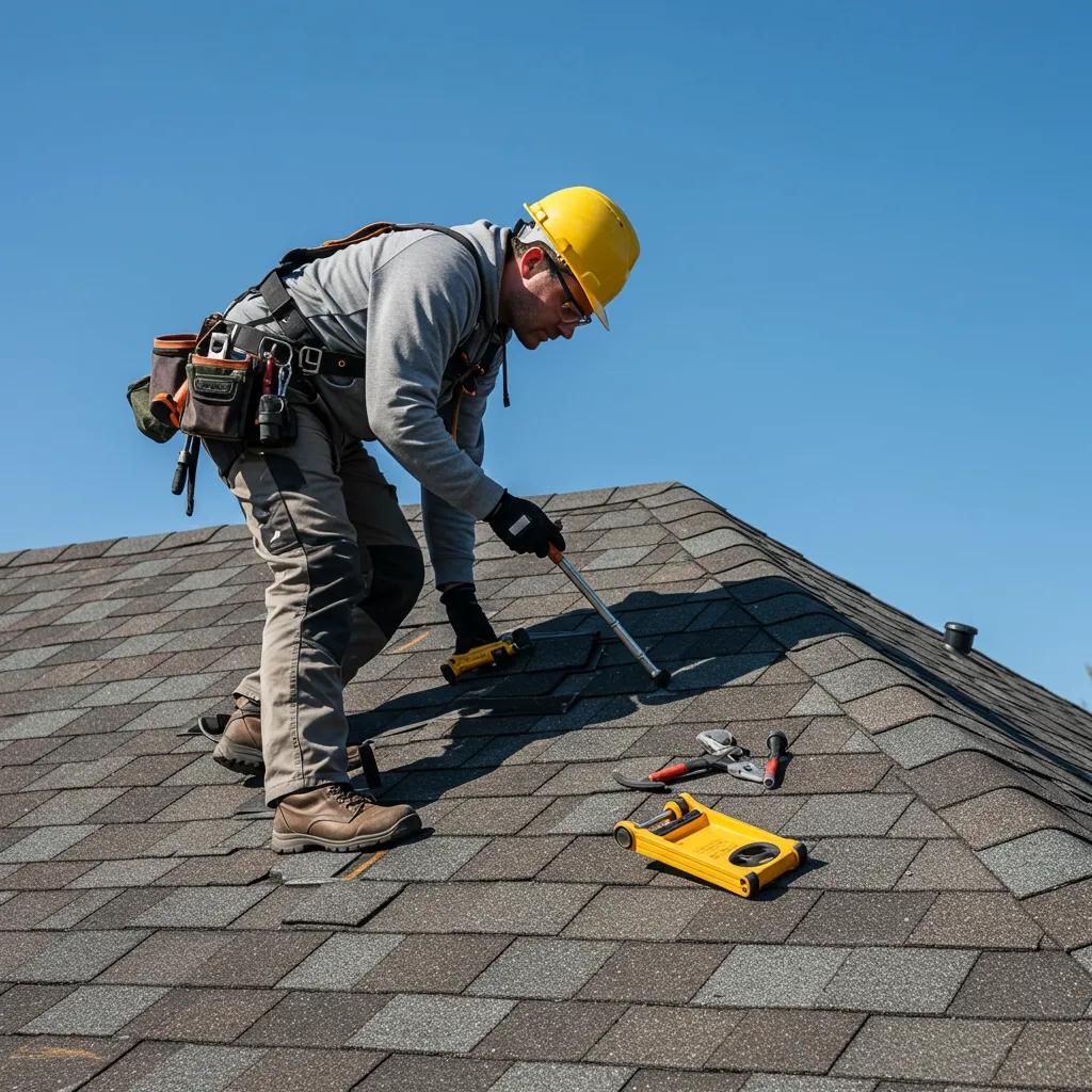 Professional roofing contractor inspecting a residential roof for emergency repairs