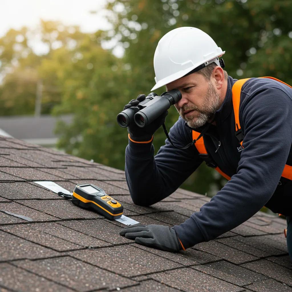Professional roofing contractor inspecting a roof for hidden problems with specialized tools