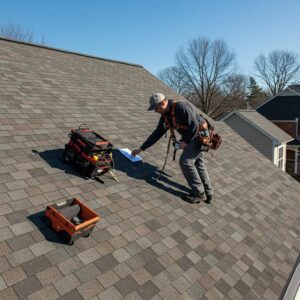 Professional roofing inspector assessing a residential roof in Millersville, MD