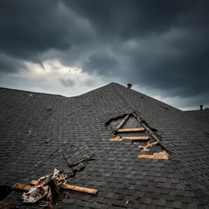 Roof showing storm damage with missing shingles and exposed wood, debris scattered, under dark cloudy skies, highlighting urgent need for emergency roof repair in Millersville, MD.