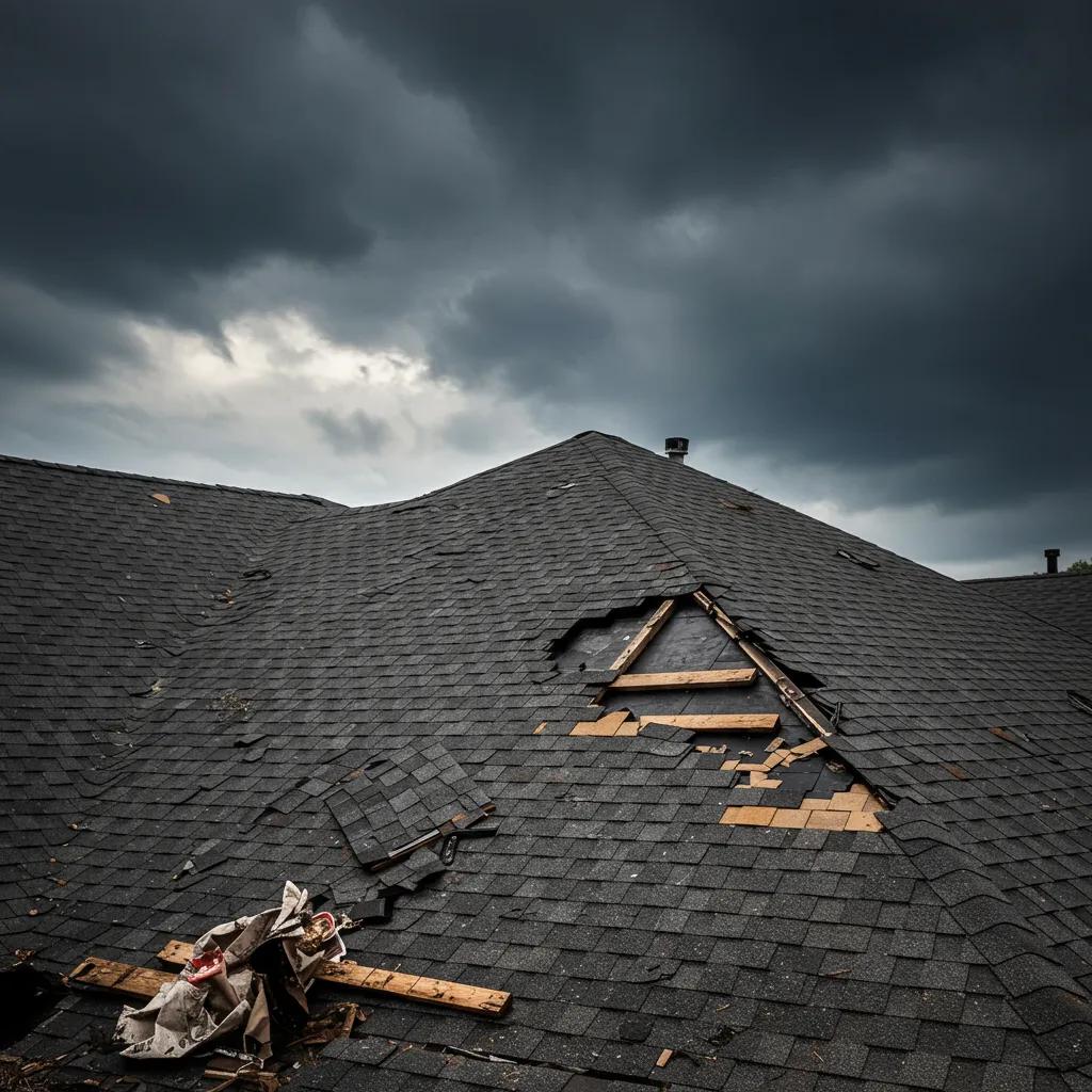 A residential roof damaged by a storm, featuring missing shingles and scattered debris.