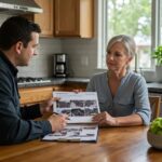 Roofer explaining inspection costs to homeowner at kitchen table, reviewing roofing estimate.