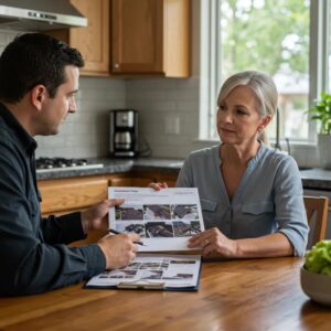 Roofer explaining inspection costs to homeowner at kitchen table, reviewing roofing estimate.