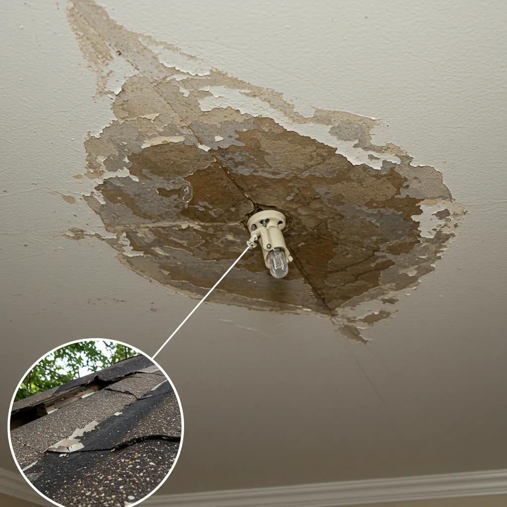 Clear signs of water damage on an interior ceiling, signaling a critical need for emergency roof repair.