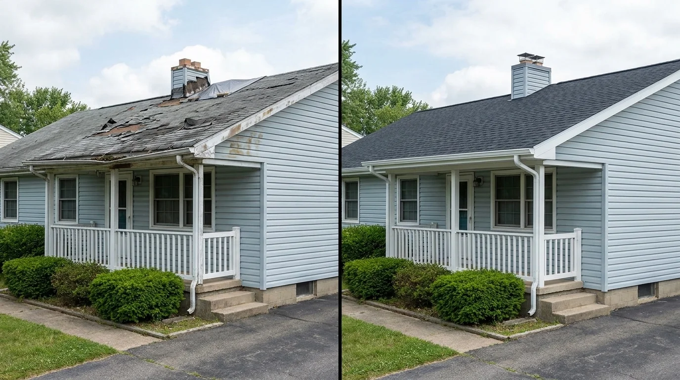 Roofing before and after by Exquisite Roofing and Exteriors LLC