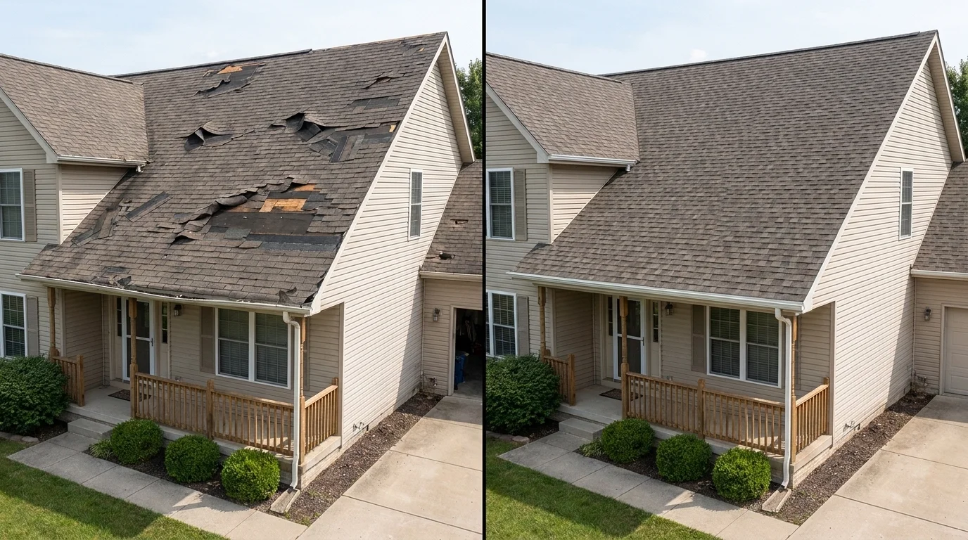 Roofing before and after by Exquisite Roofing and Exteriors LLC