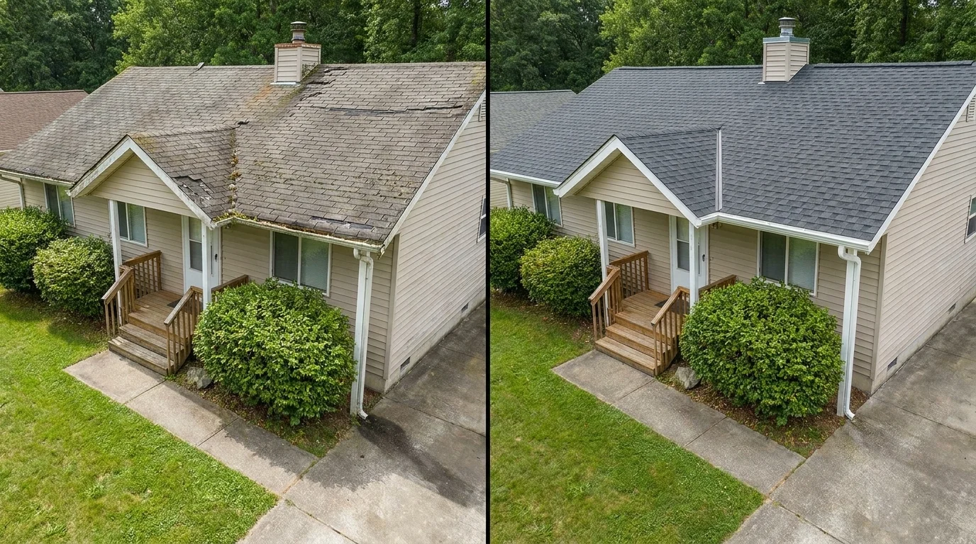 Before and after roof replacement by a licensed Maryland roofing contractor