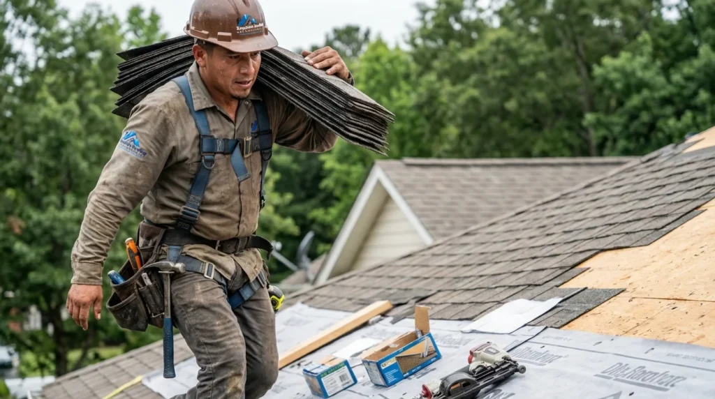 Roofing contractor installing architectural shingles on a Maryland home